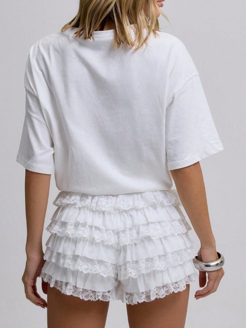 White Casual Women's Lace Trim Frilly Ruffled Mesh Micro Shorts - Picture 5 of 6